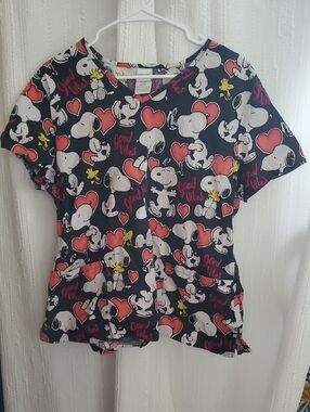 Peanuts Black Scrub Top with Red and Pink Accents